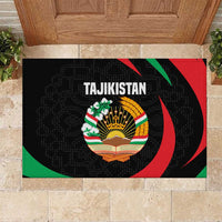 Tajikistan National Emblem Rubber Doormat with Black Red Green Tribal Pattern