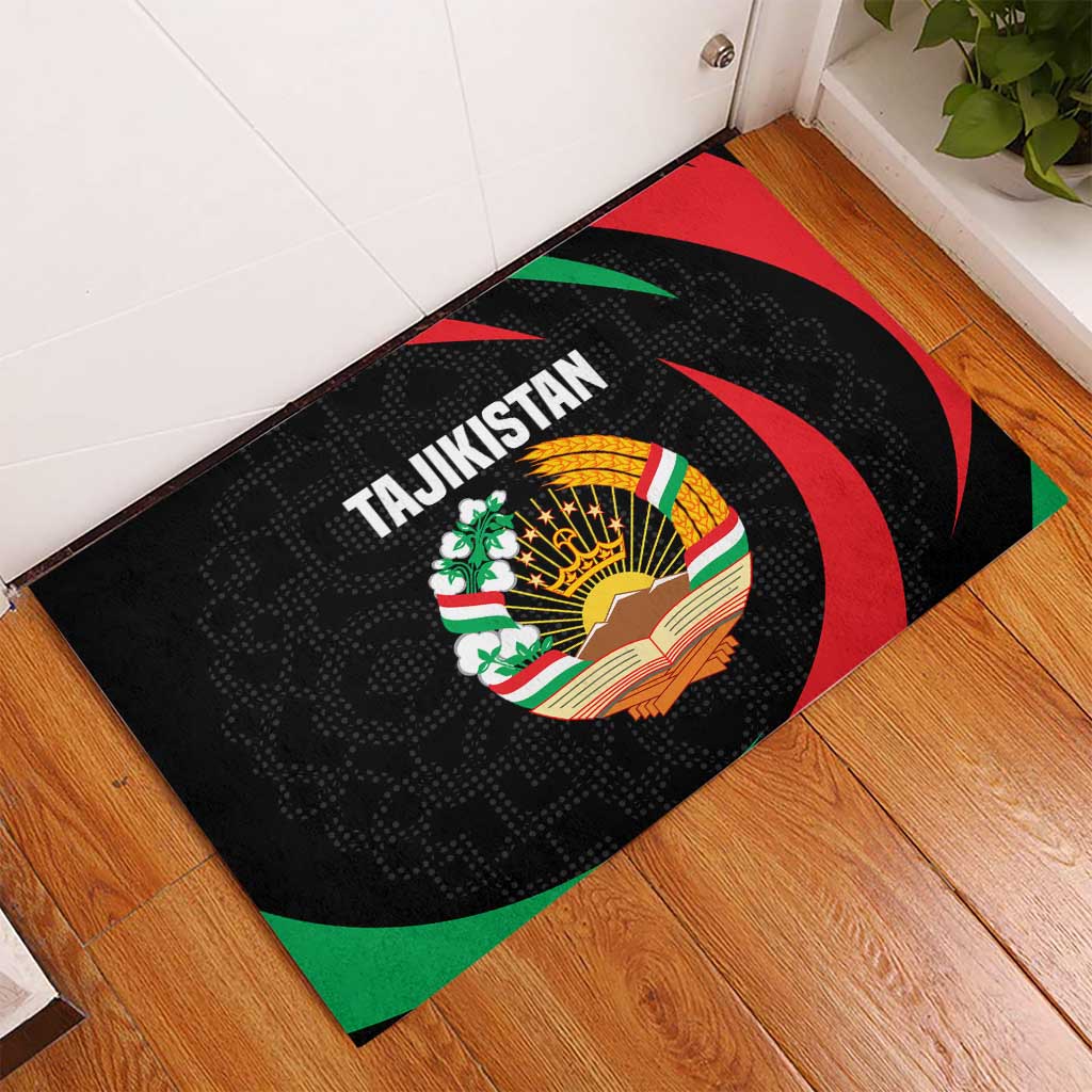 Tajikistan National Emblem Rubber Doormat with Black Red Green Tribal Pattern