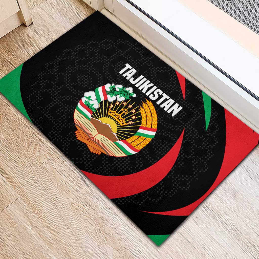 Tajikistan National Emblem Rubber Doormat with Black Red Green Tribal Pattern