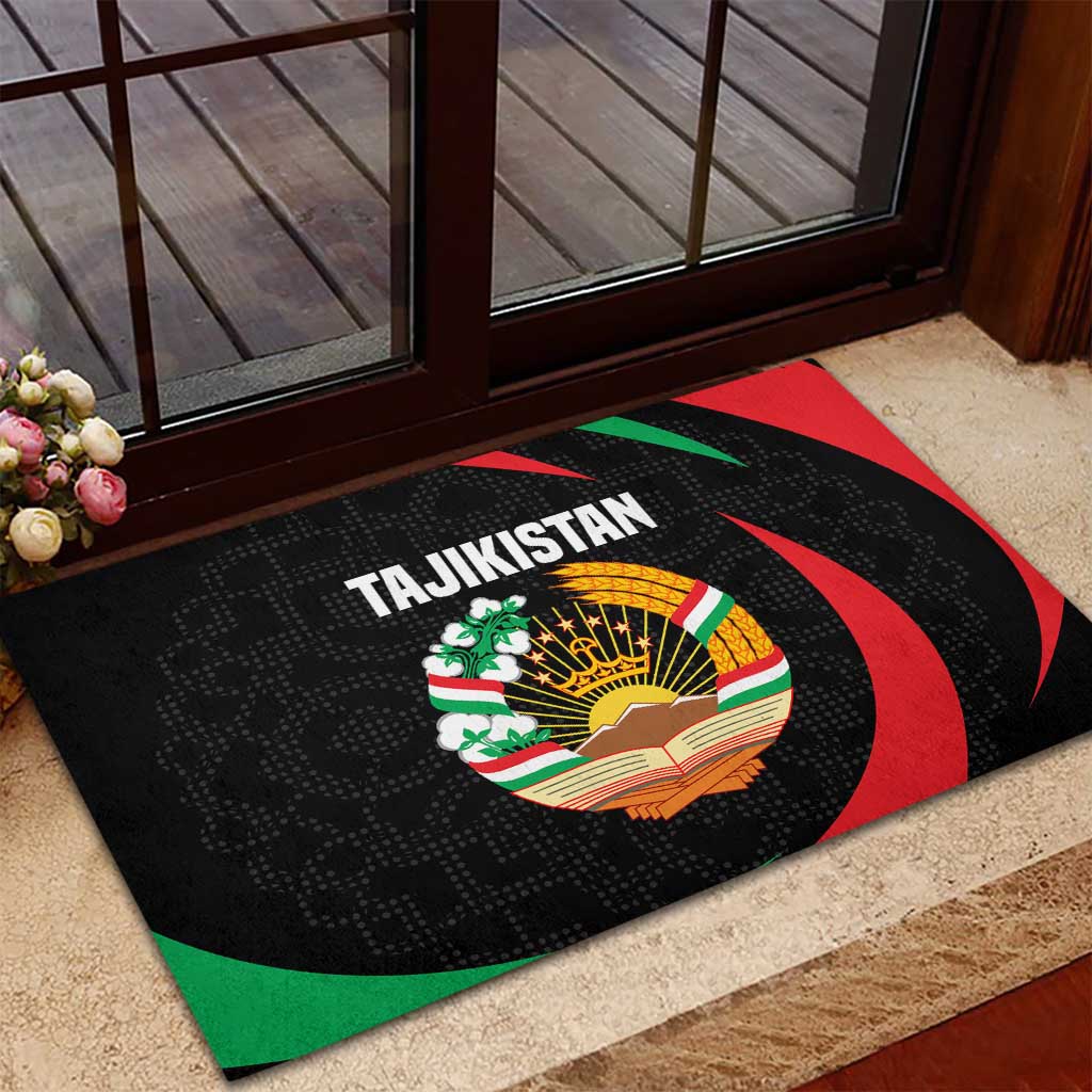 Tajikistan National Emblem Rubber Doormat with Black Red Green Tribal Pattern