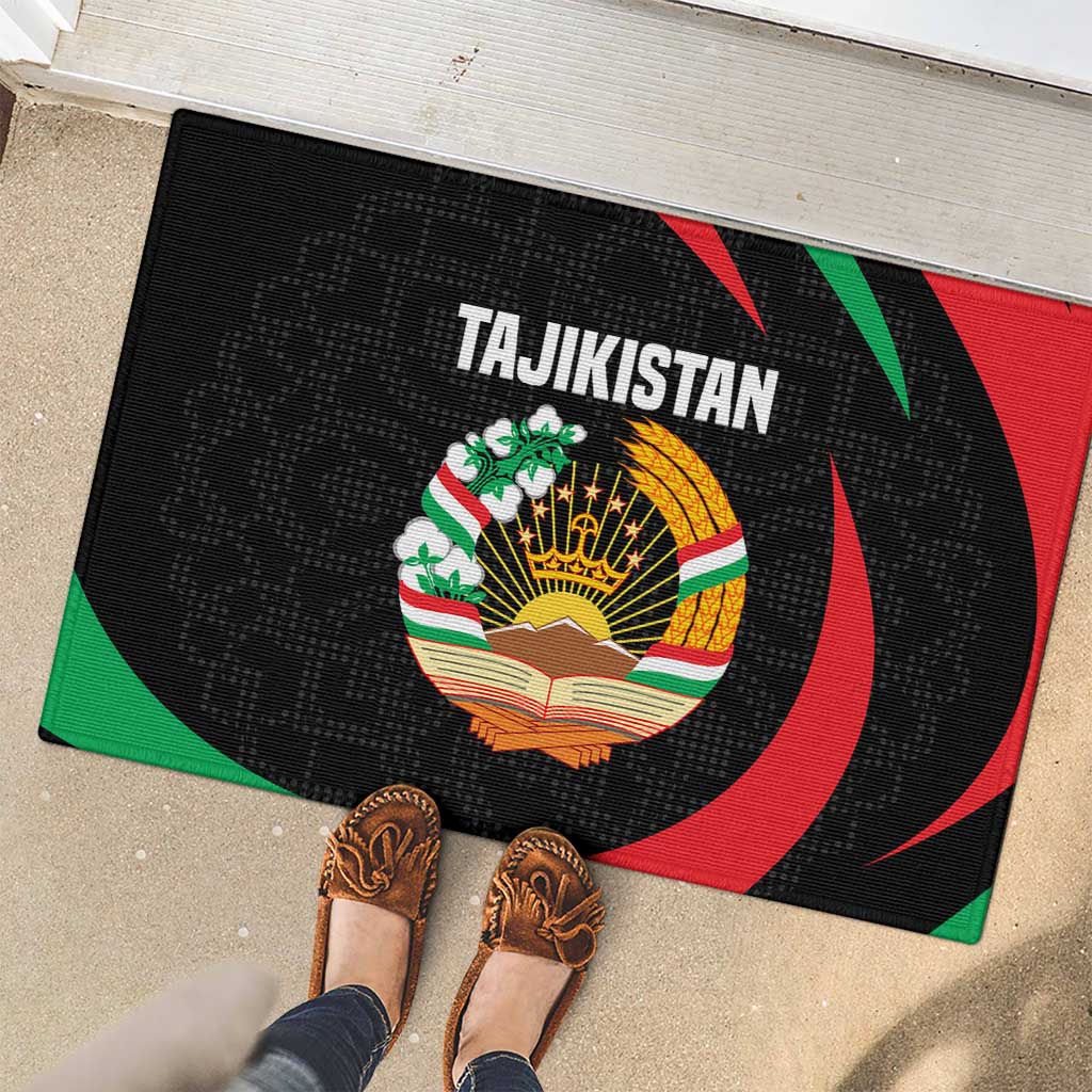Tajikistan National Emblem Rubber Doormat with Black Red Green Tribal Pattern