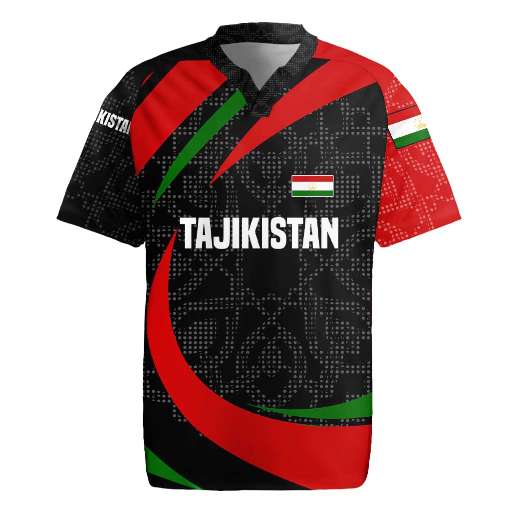 Tajikistan National Emblem Rugby Jersey with Black Red Green Tribal Pattern