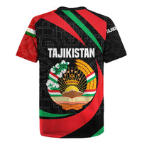 Tajikistan National Emblem Rugby Jersey with Black Red Green Tribal Pattern