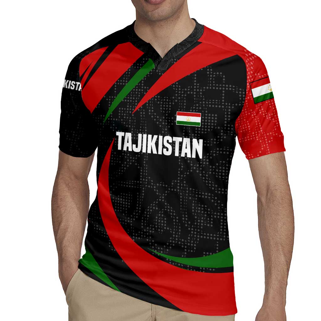 Tajikistan National Emblem Rugby Jersey with Black Red Green Tribal Pattern