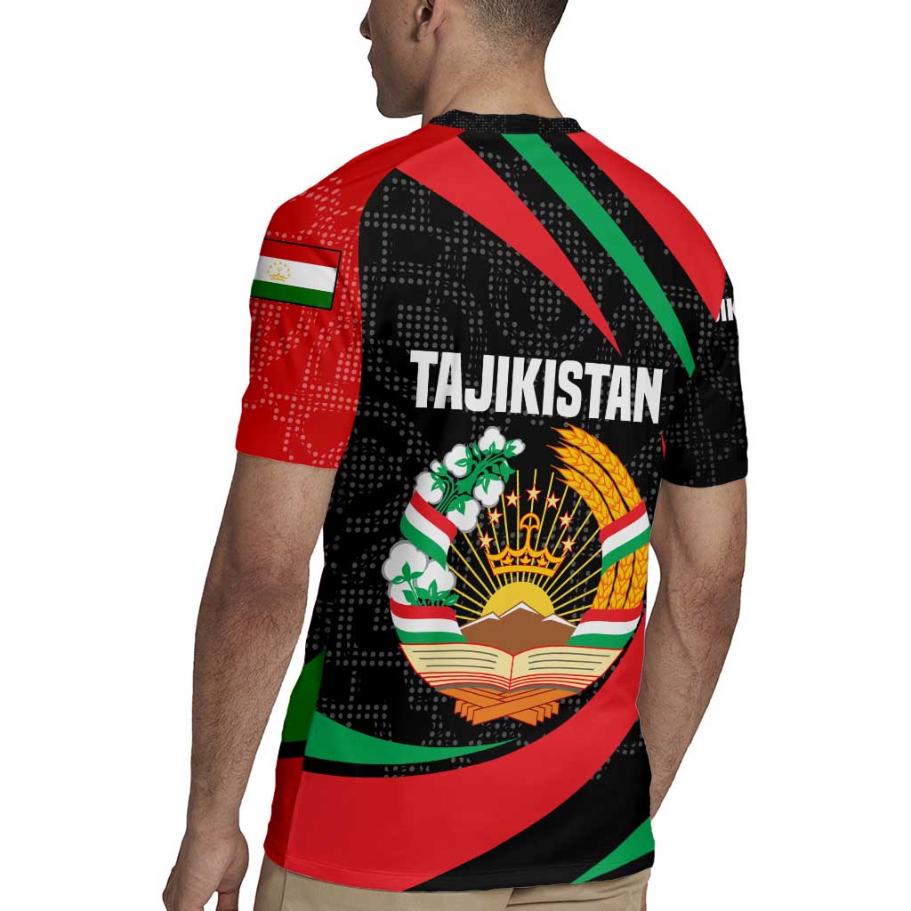 Tajikistan National Emblem Rugby Jersey with Black Red Green Tribal Pattern