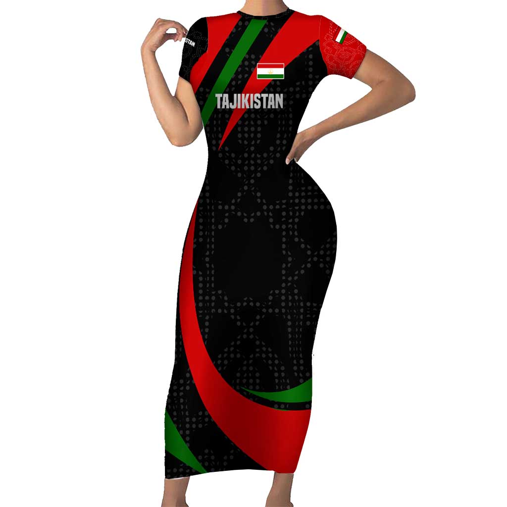 Tajikistan National Emblem Short Sleeve Bodycon Dress with Black Red Green Tribal Pattern