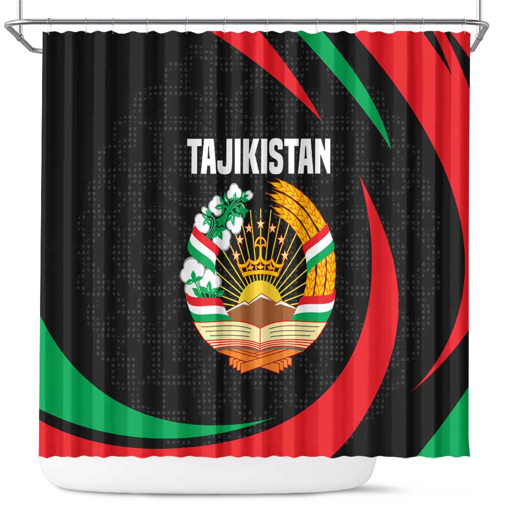 Tajikistan National Emblem Shower Curtain with Black Red Green Tribal Pattern