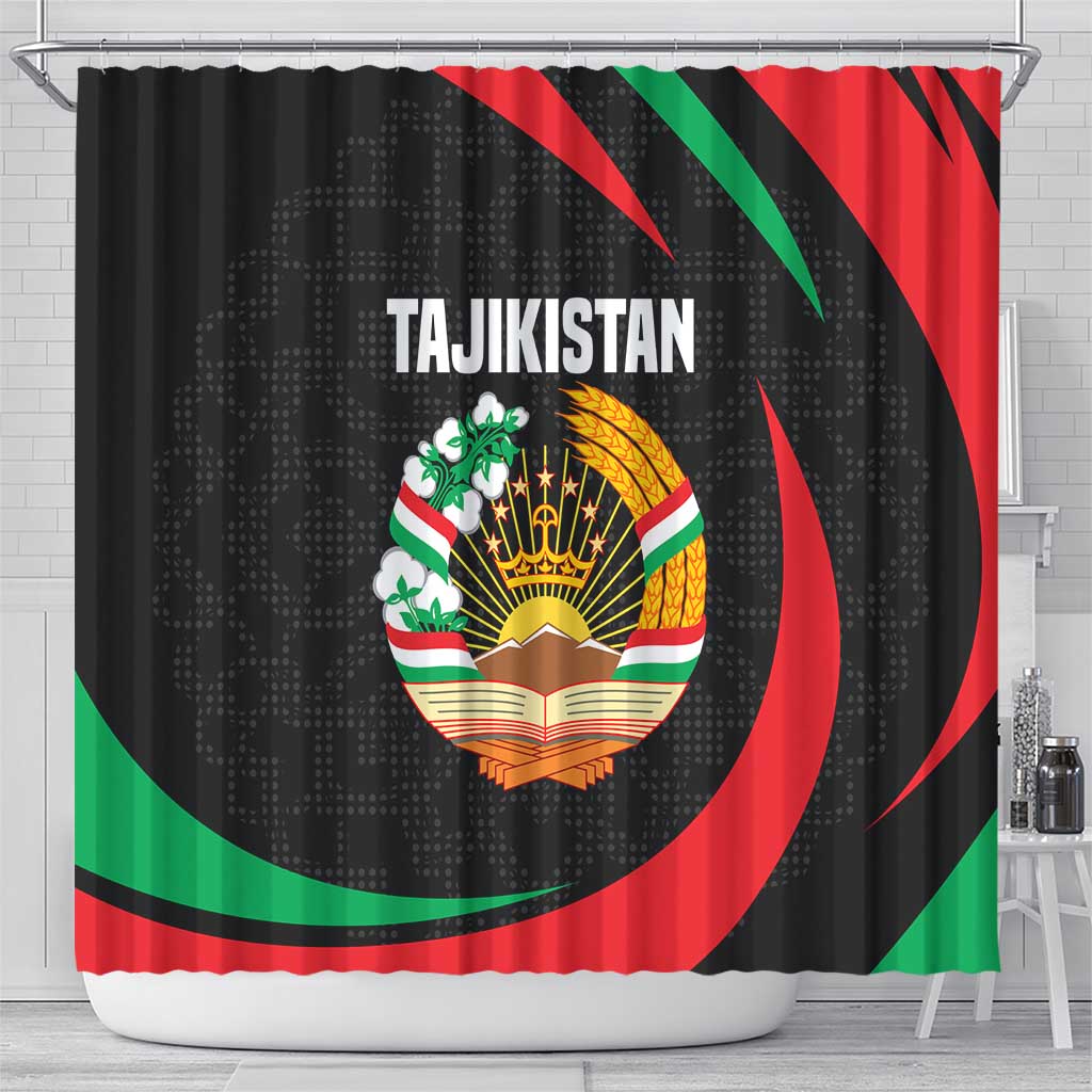 Tajikistan National Emblem Shower Curtain with Black Red Green Tribal Pattern