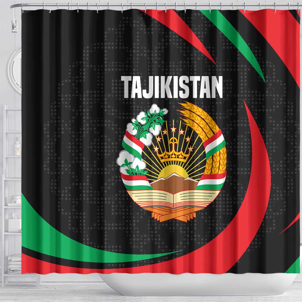 Tajikistan National Emblem Shower Curtain with Black Red Green Tribal Pattern