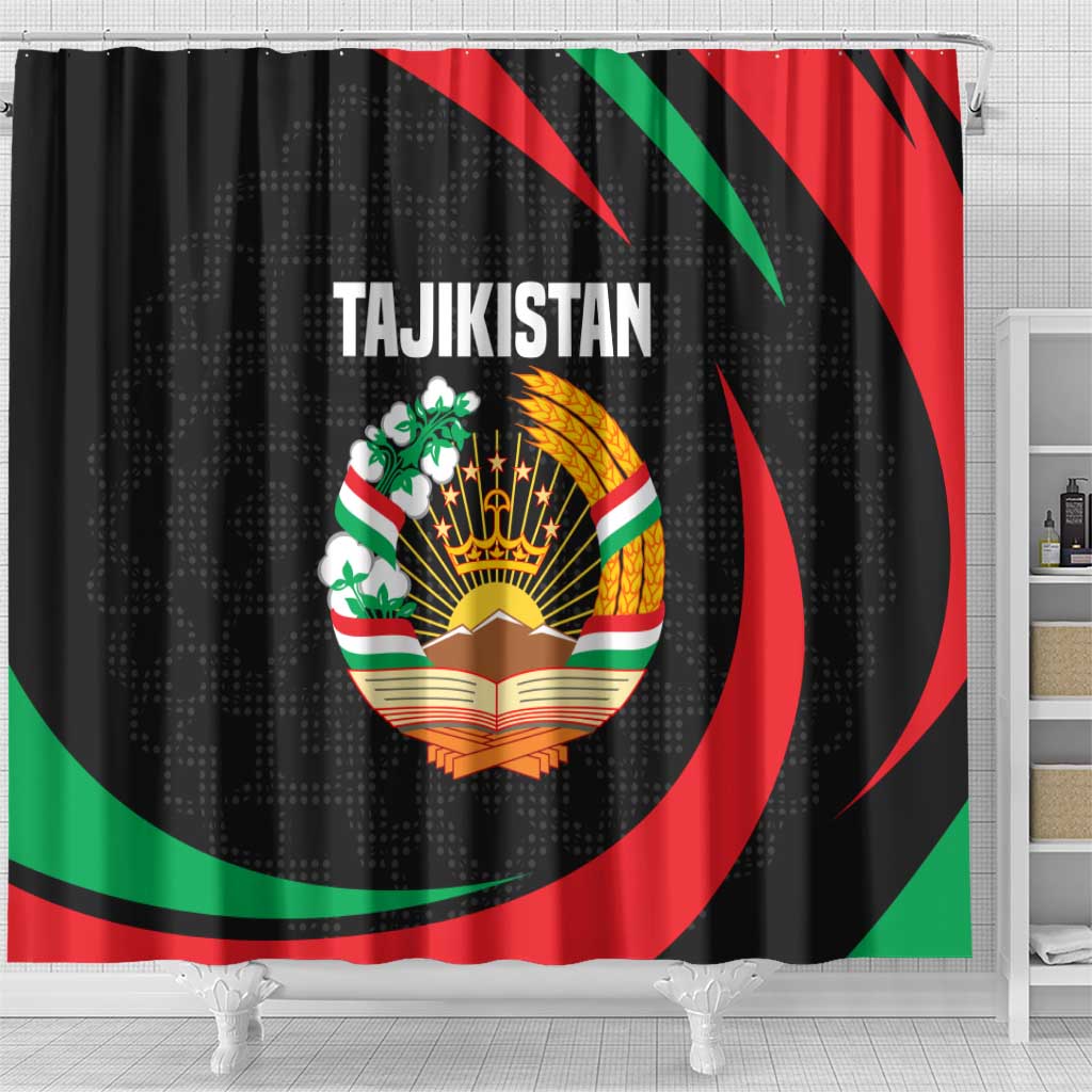 Tajikistan National Emblem Shower Curtain with Black Red Green Tribal Pattern