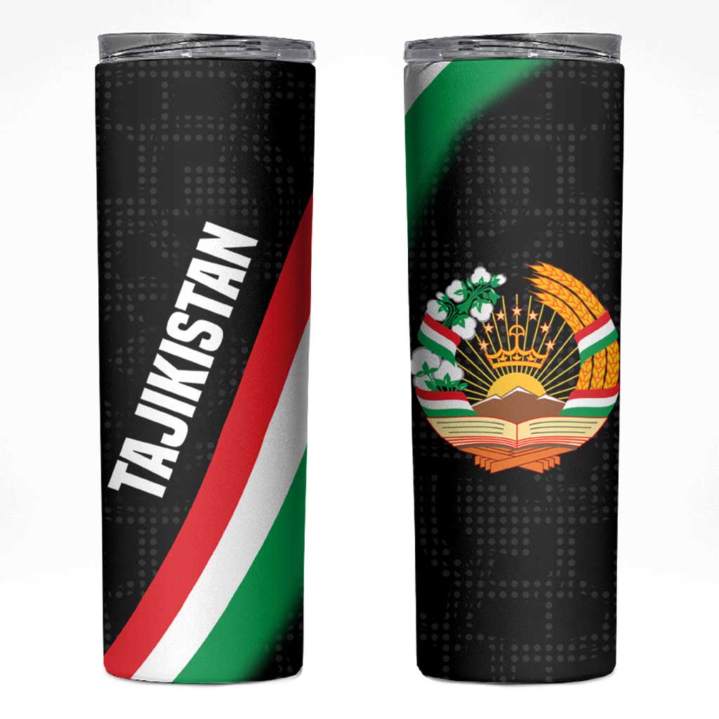 Tajikistan National Emblem Skinny Tumbler with Black Red Green Tribal Pattern