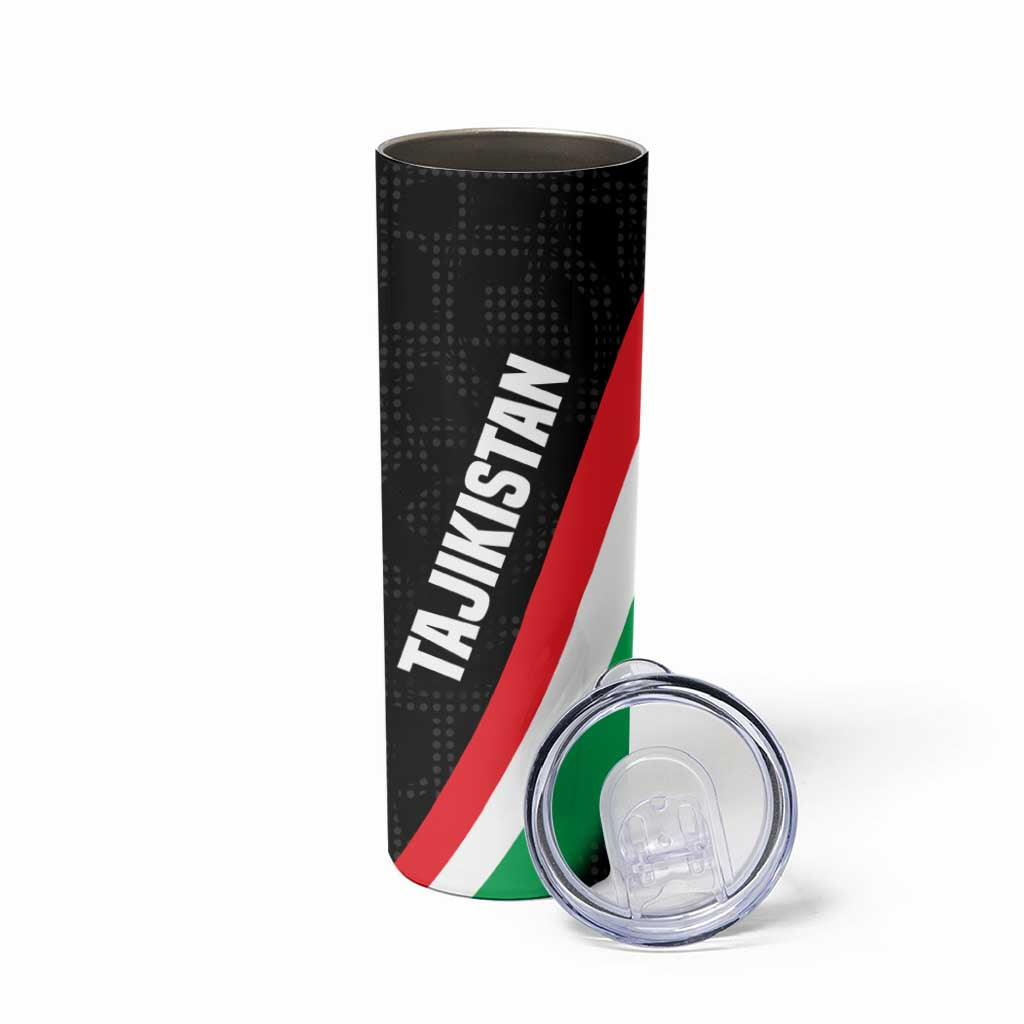 Tajikistan National Emblem Skinny Tumbler with Black Red Green Tribal Pattern