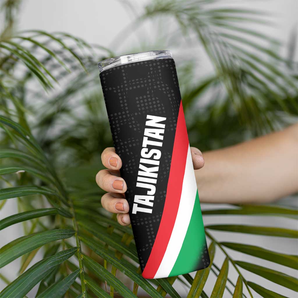 Tajikistan National Emblem Skinny Tumbler with Black Red Green Tribal Pattern