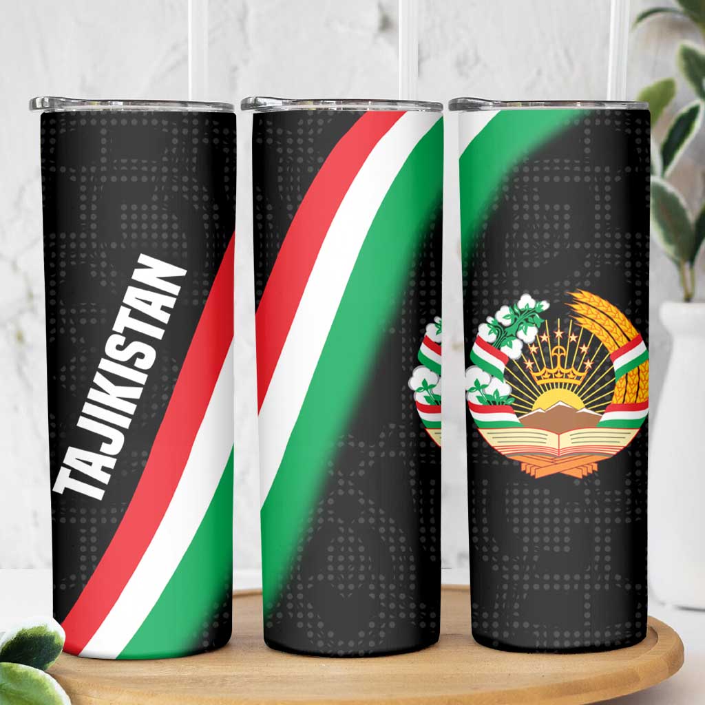 Tajikistan National Emblem Skinny Tumbler with Black Red Green Tribal Pattern