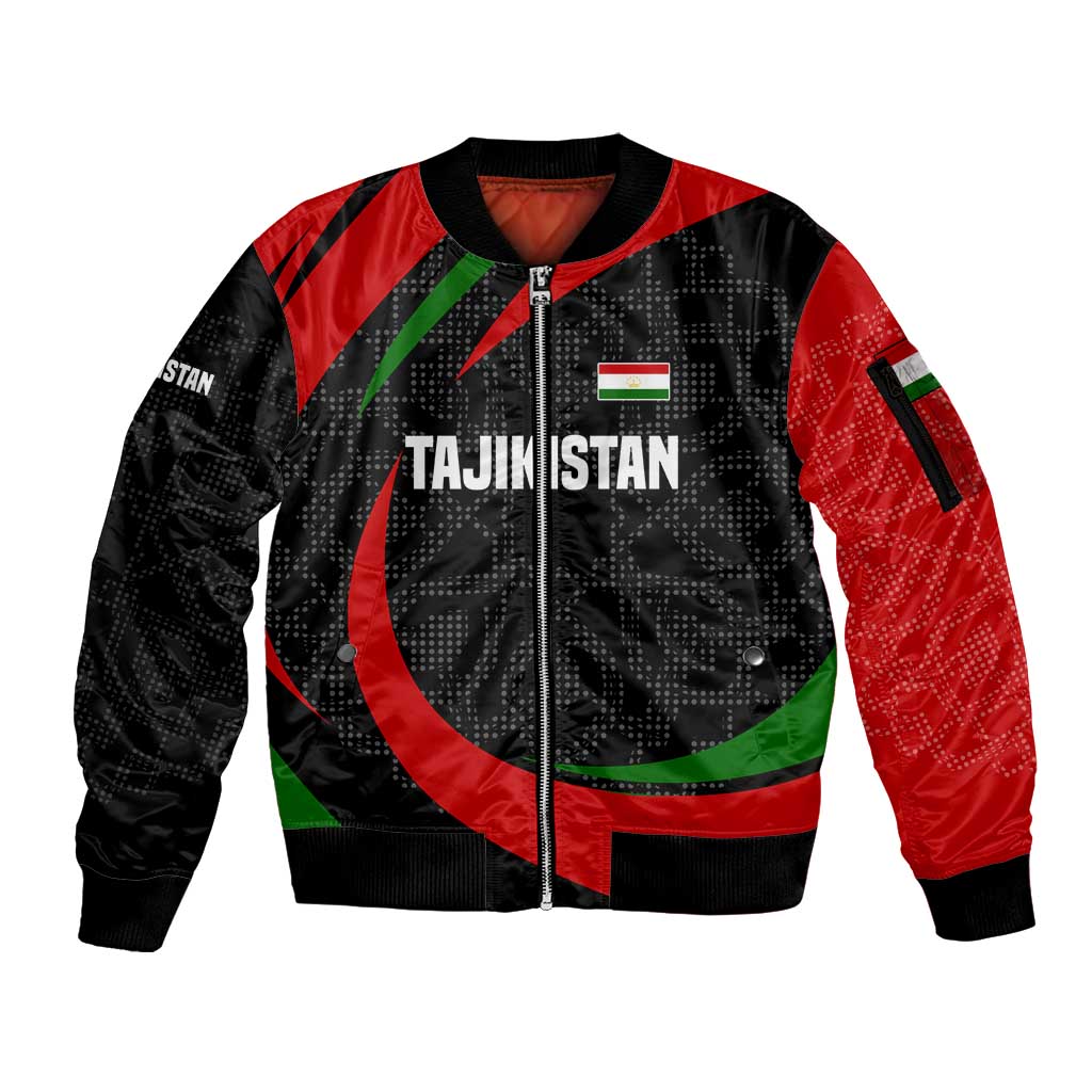 Tajikistan National Emblem Sleeve Zip Bomber Jacket with Black Red Green Tribal Pattern