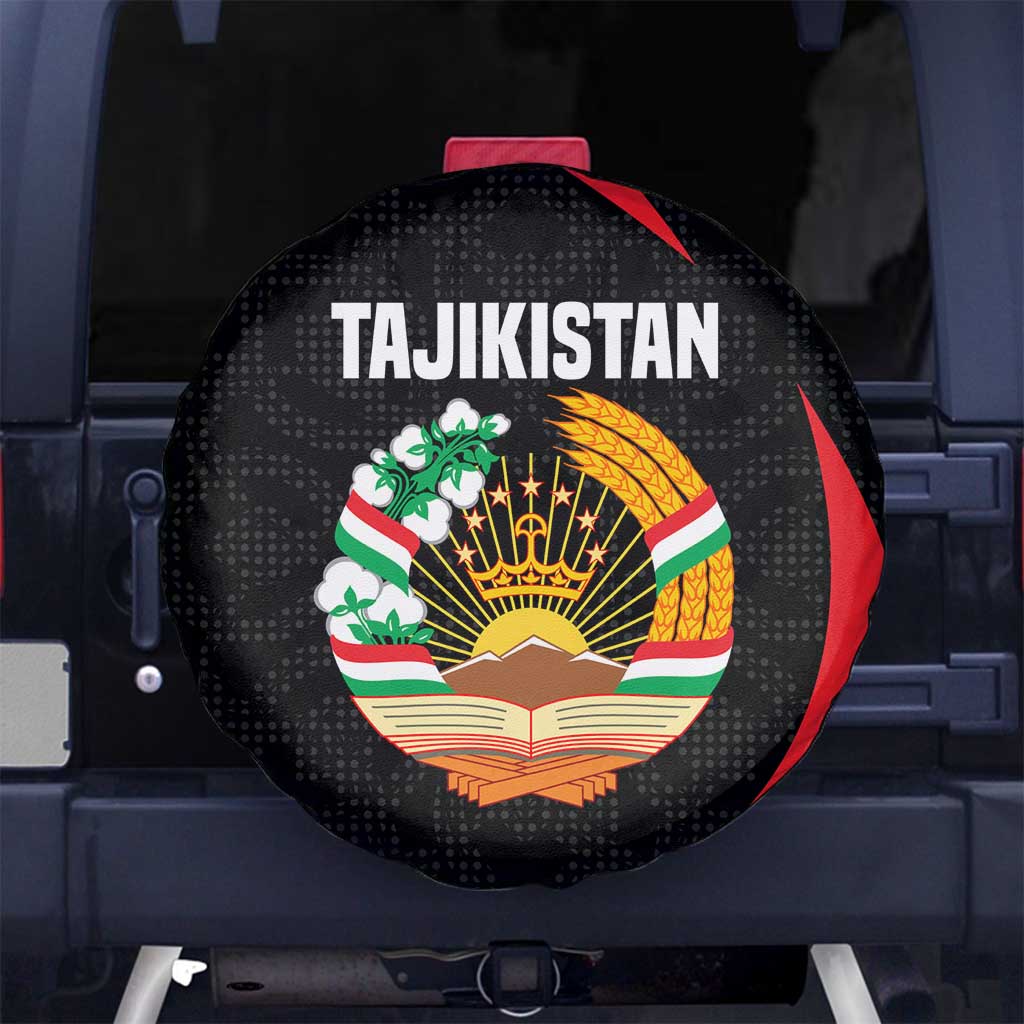 Tajikistan National Emblem Spare Tire Cover with Black Red Green Tribal Pattern