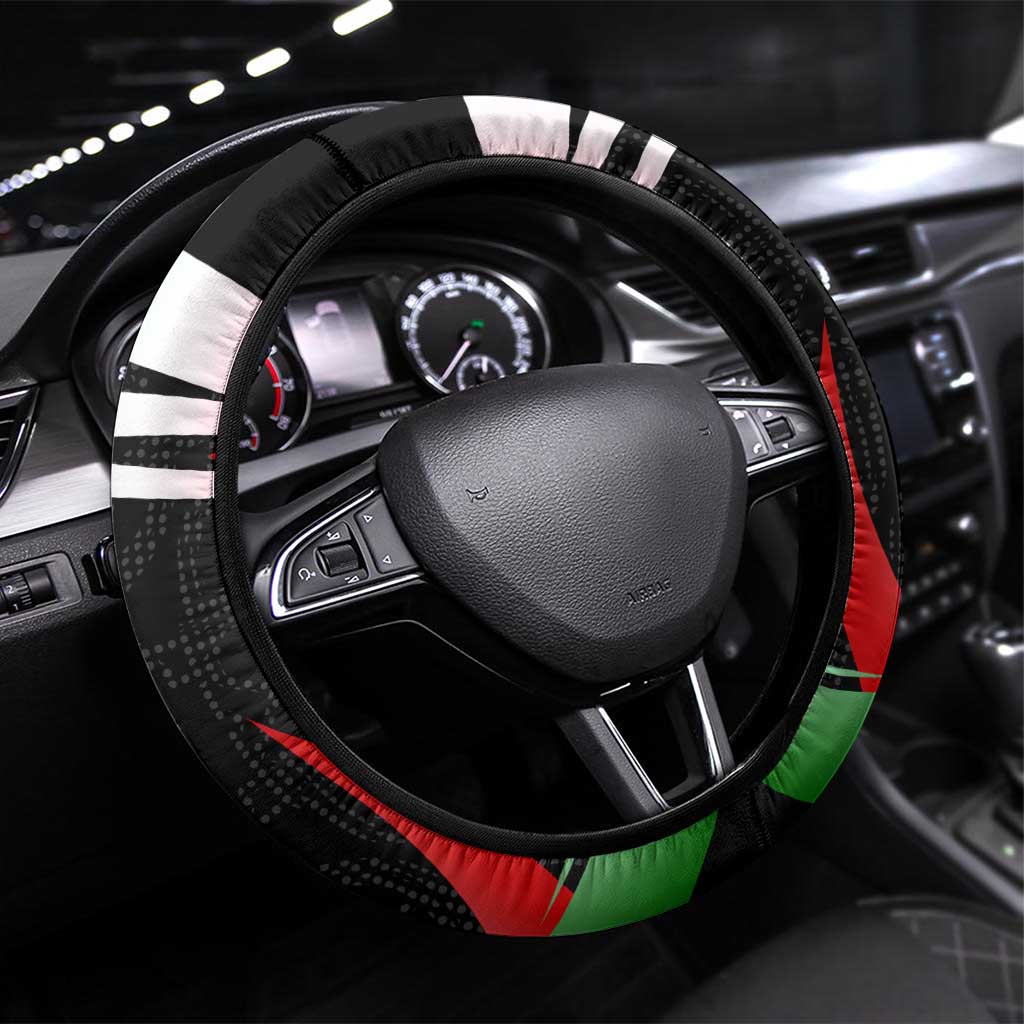 Tajikistan National Emblem Steering Wheel Cover with Black Red Green Tribal Pattern