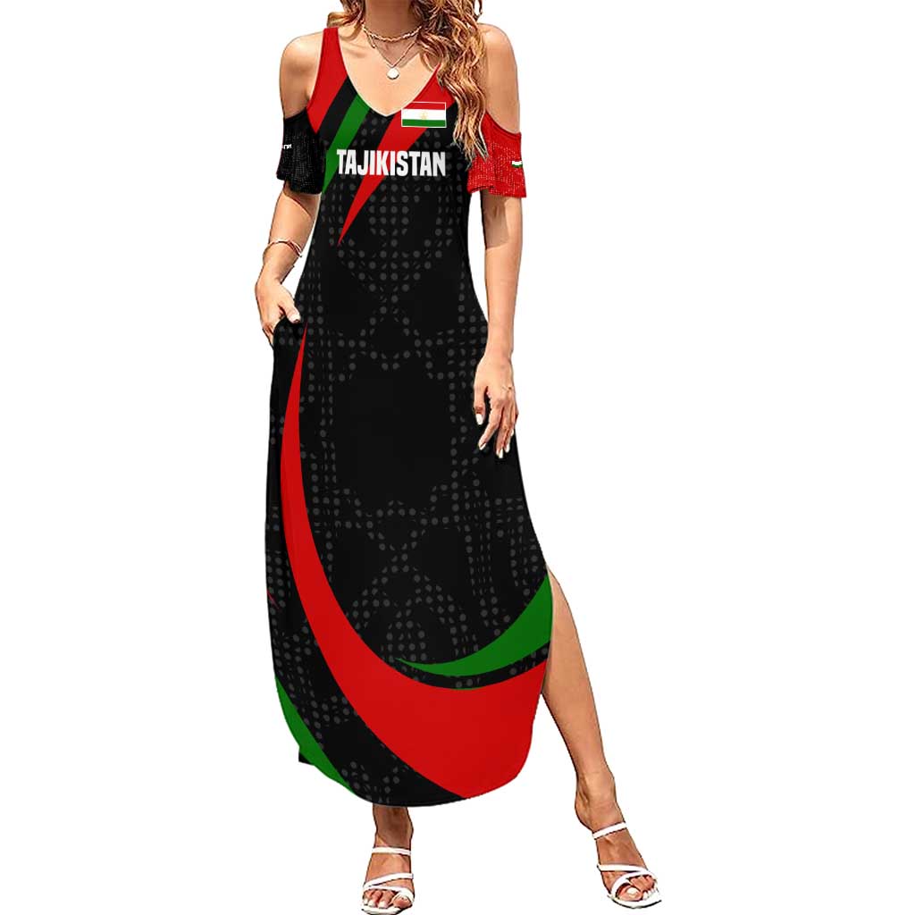 Tajikistan National Emblem Summer Maxi Dress with Black Red Green Tribal Pattern