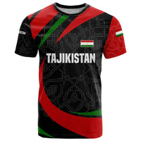 Tajikistan National Emblem T Shirt with Black Red Green Tribal Pattern