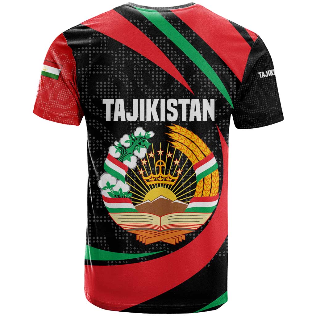 Tajikistan National Emblem T Shirt with Black Red Green Tribal Pattern
