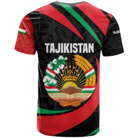 Tajikistan National Emblem T Shirt with Black Red Green Tribal Pattern