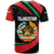 Tajikistan National Emblem T Shirt with Black Red Green Tribal Pattern