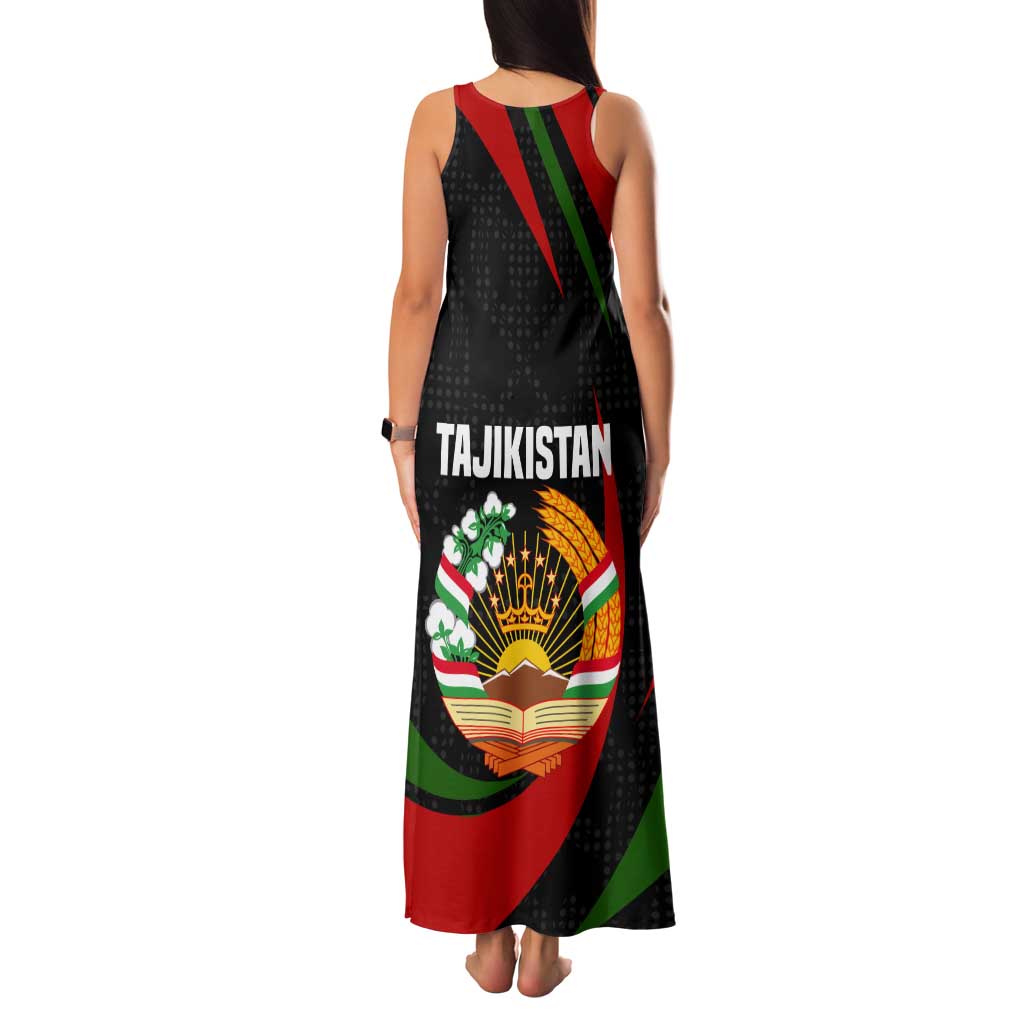 Tajikistan National Emblem Tank Maxi Dress with Black Red Green Tribal Pattern