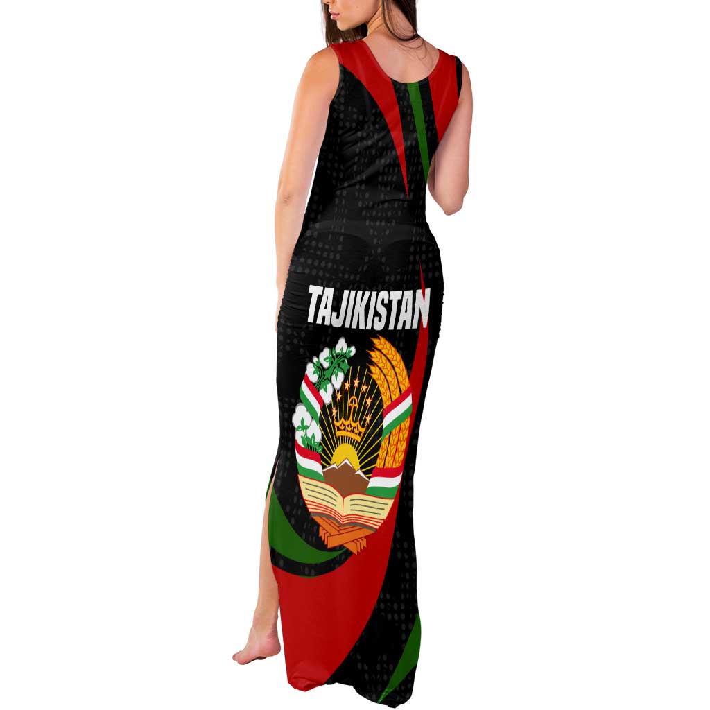 Tajikistan National Emblem Tank Maxi Dress with Black Red Green Tribal Pattern