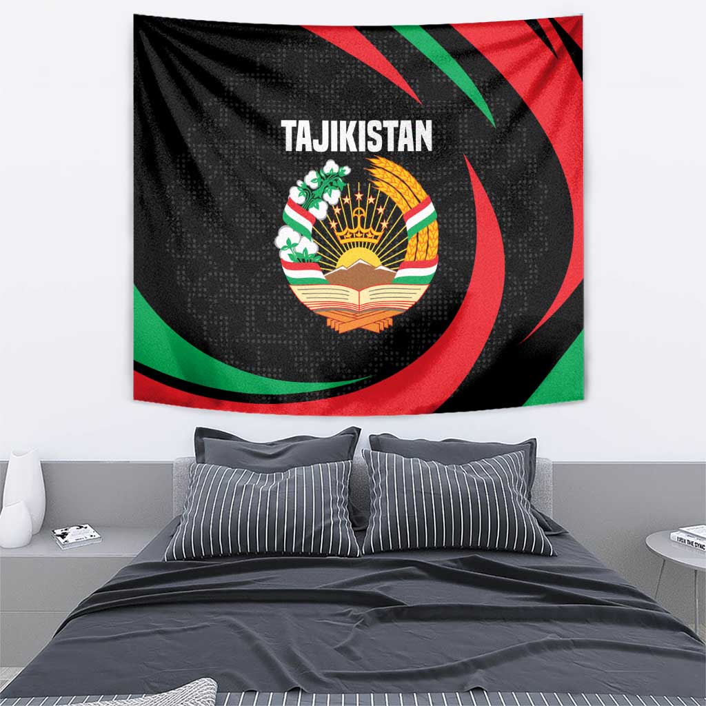 Tajikistan National Emblem Tapestry with Black Red Green Tribal Pattern