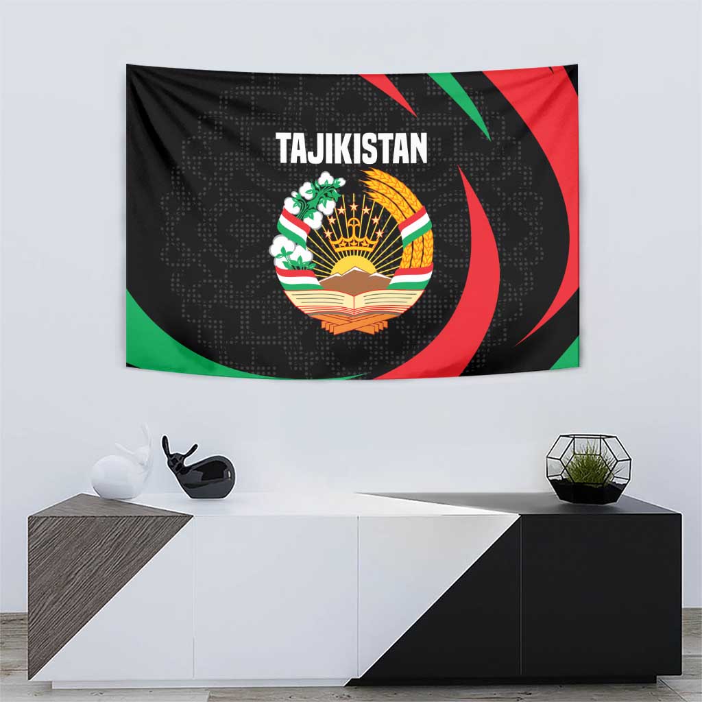 Tajikistan National Emblem Tapestry with Black Red Green Tribal Pattern