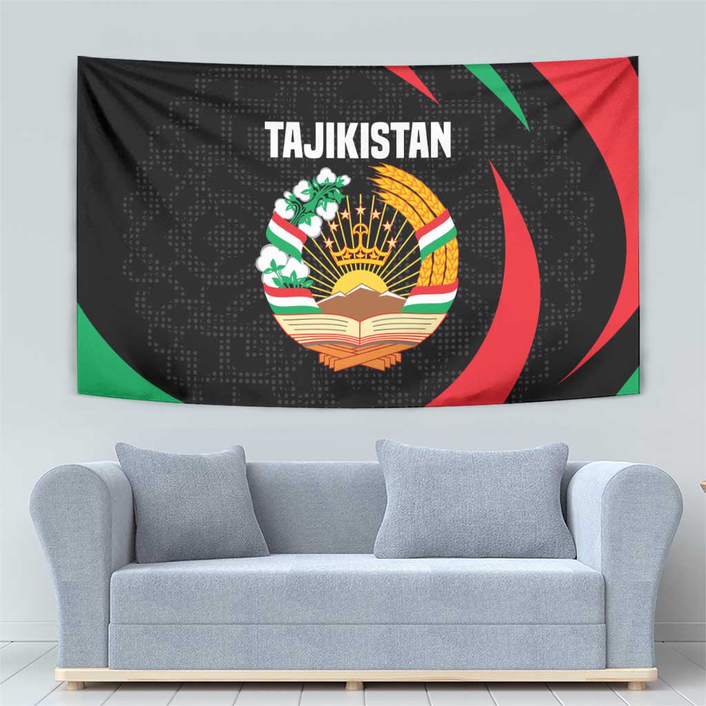 Tajikistan National Emblem Tapestry with Black Red Green Tribal Pattern