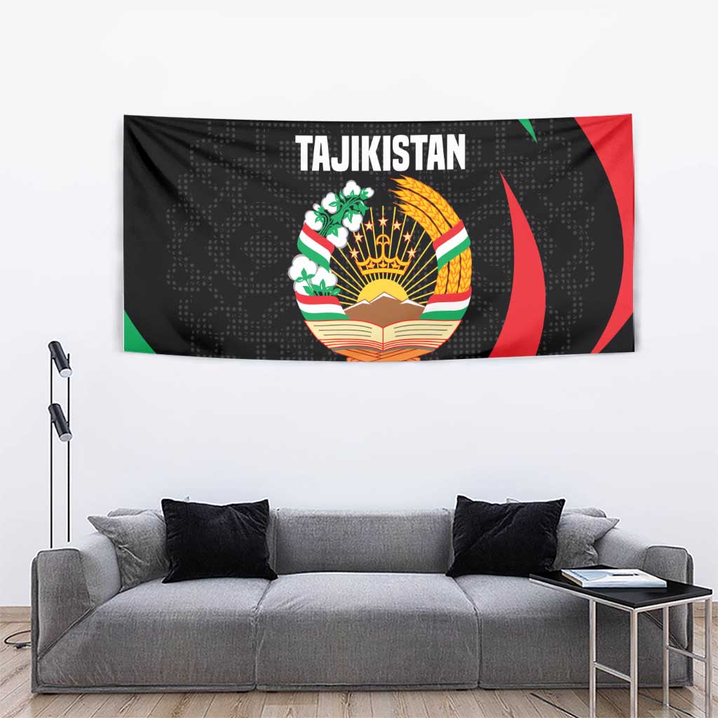 Tajikistan National Emblem Tapestry with Black Red Green Tribal Pattern