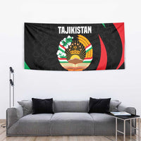 Tajikistan National Emblem Tapestry with Black Red Green Tribal Pattern