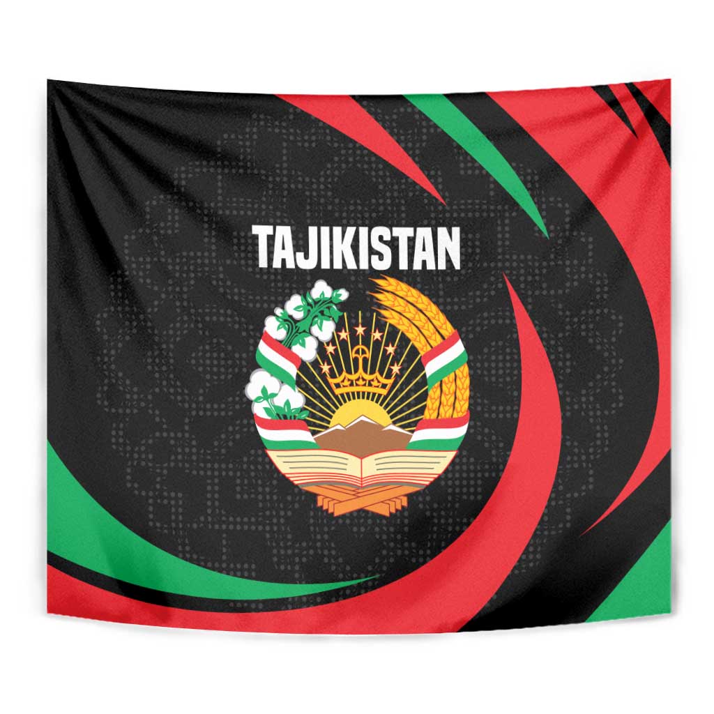 Tajikistan National Emblem Tapestry with Black Red Green Tribal Pattern