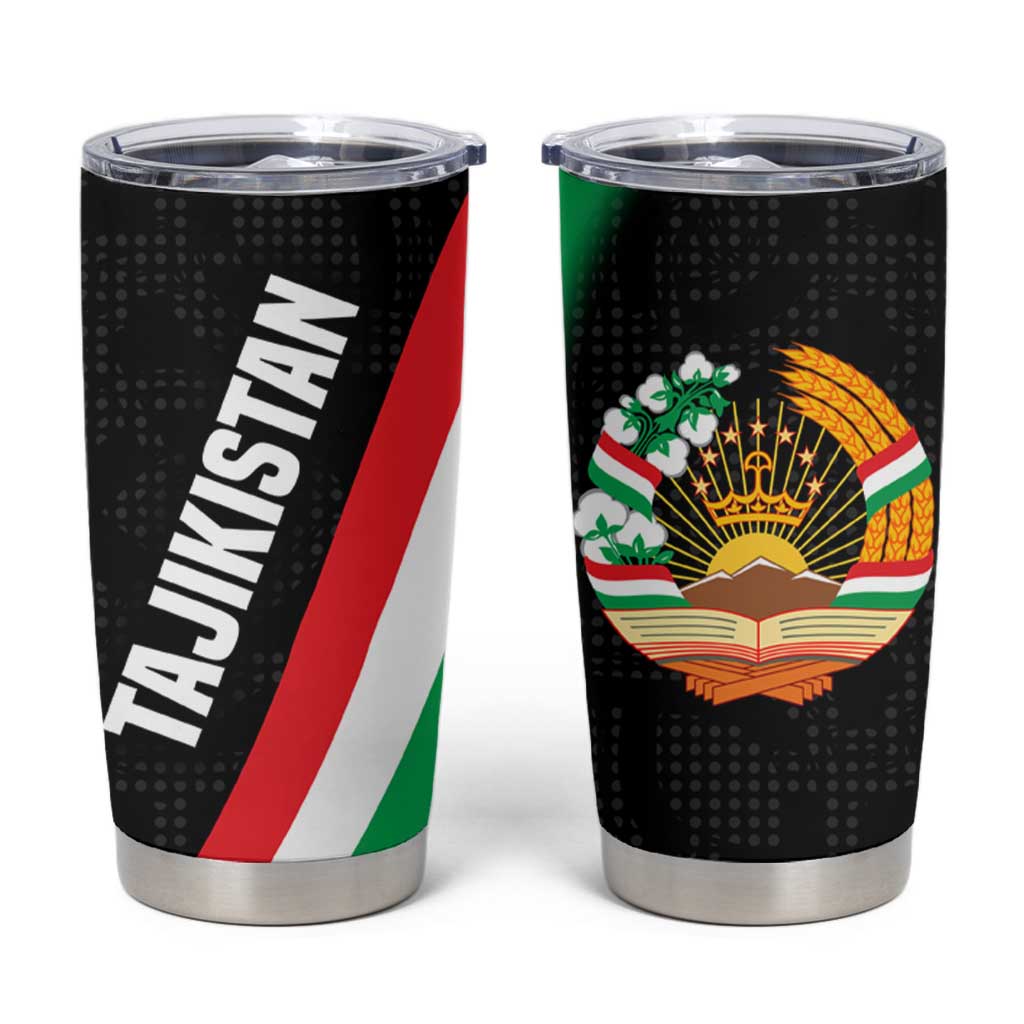 Tajikistan National Emblem Tumbler Cup with Black Red Green Tribal Pattern