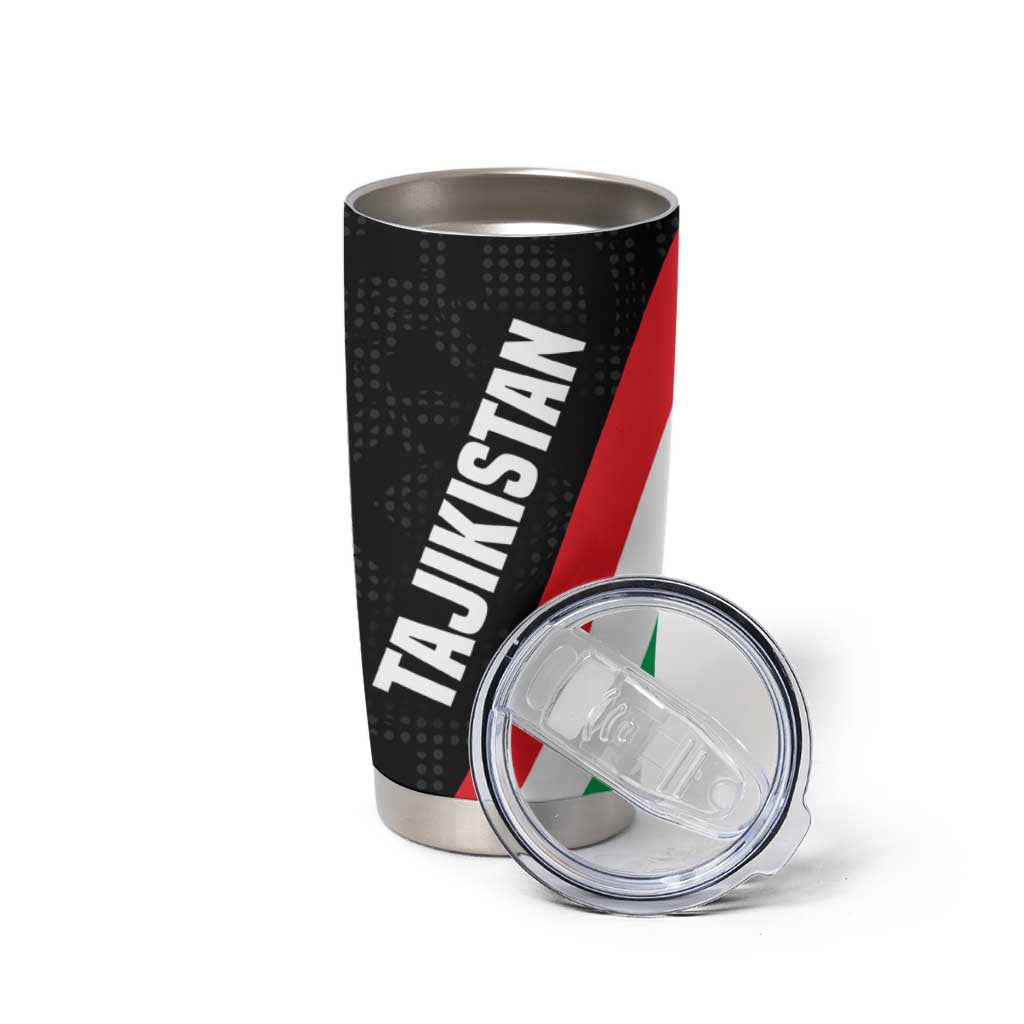 Tajikistan National Emblem Tumbler Cup with Black Red Green Tribal Pattern