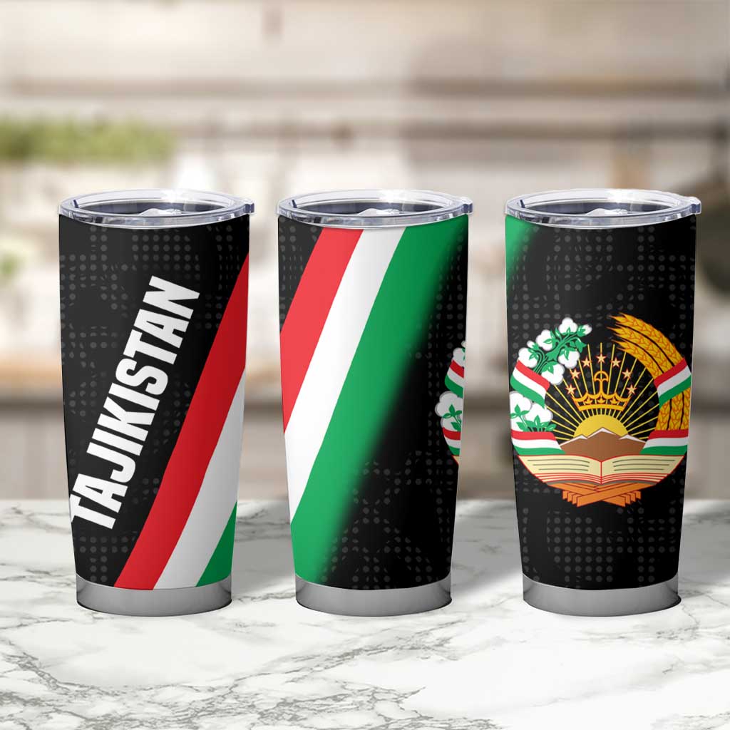 Tajikistan National Emblem Tumbler Cup with Black Red Green Tribal Pattern