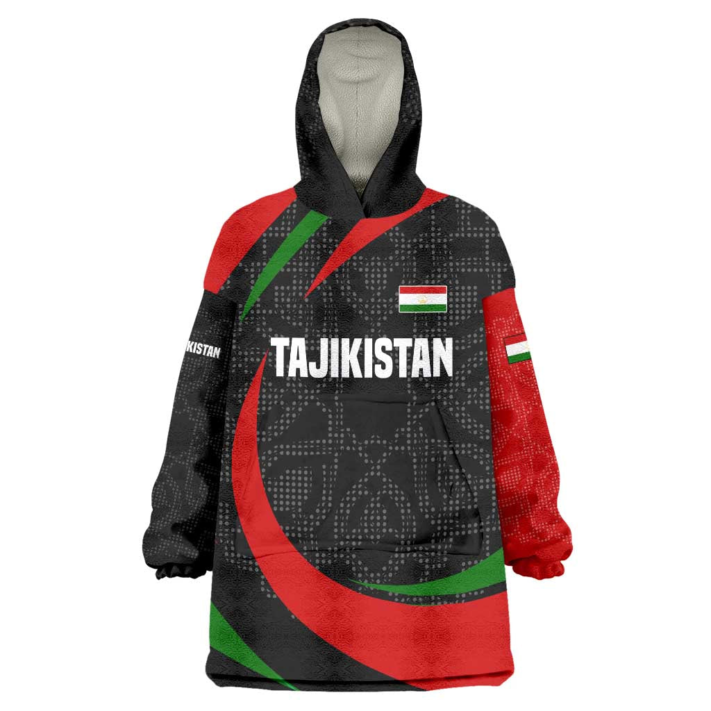 Tajikistan National Emblem Wearable Blanket Hoodie with Black Red Green Tribal Pattern