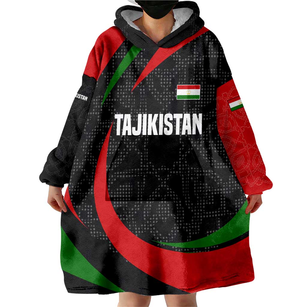 Tajikistan National Emblem Wearable Blanket Hoodie with Black Red Green Tribal Pattern