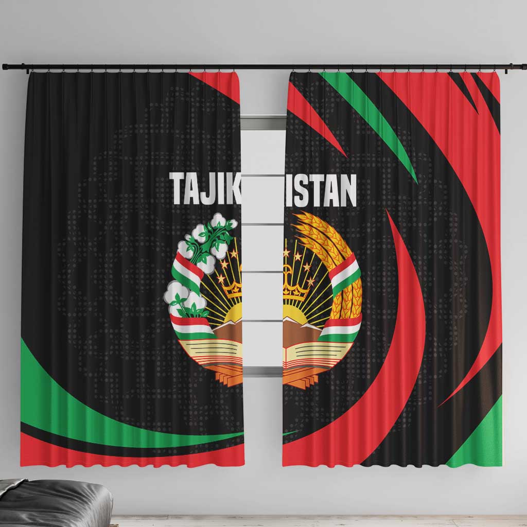 Tajikistan National Emblem Window Curtain with Black Red Green Tribal Pattern