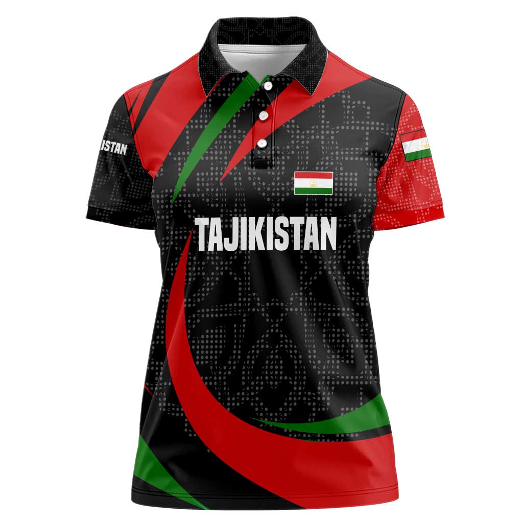 Tajikistan National Emblem Women Polo Shirt with Black Red Green Tribal Pattern