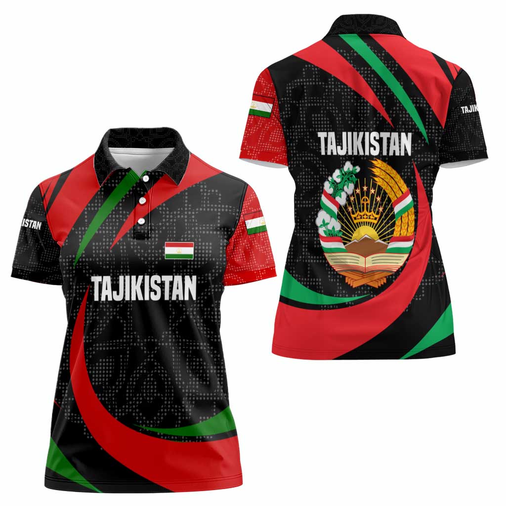 Tajikistan National Emblem Women Polo Shirt with Black Red Green Tribal Pattern