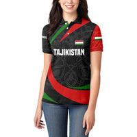 Tajikistan National Emblem Women Polo Shirt with Black Red Green Tribal Pattern