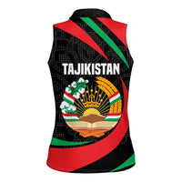 Tajikistan National Emblem Women Sleeveless Polo Shirt with Black Red Green Tribal Pattern