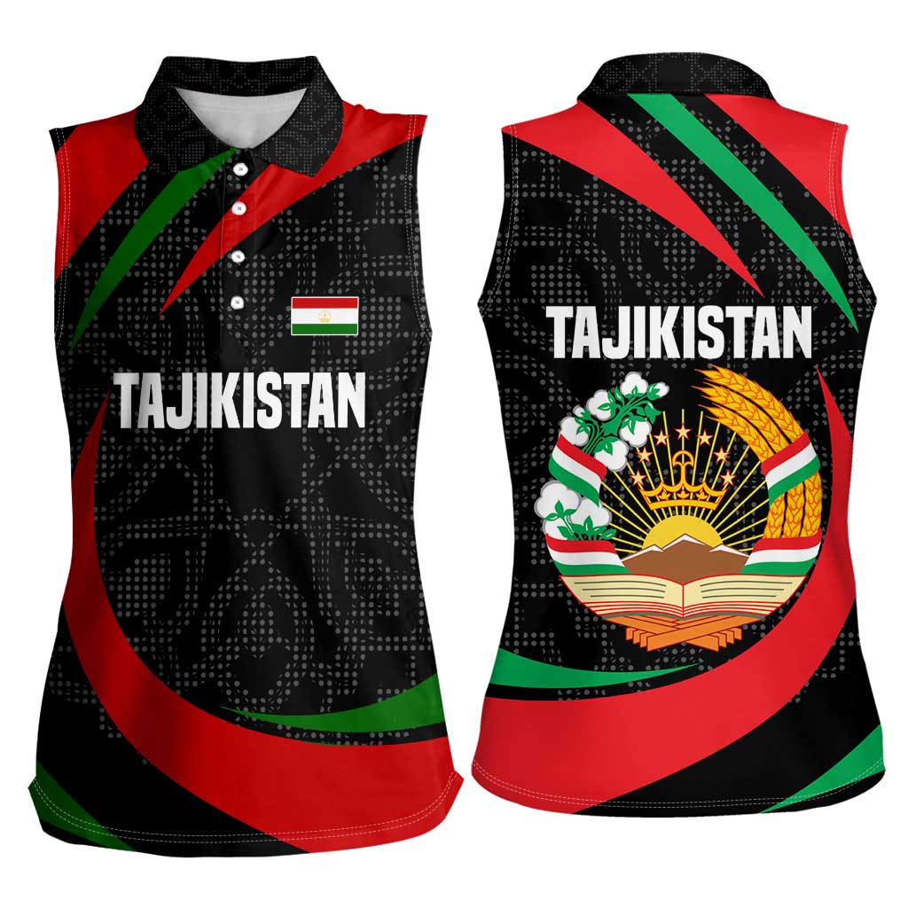 Tajikistan National Emblem Women Sleeveless Polo Shirt with Black Red Green Tribal Pattern