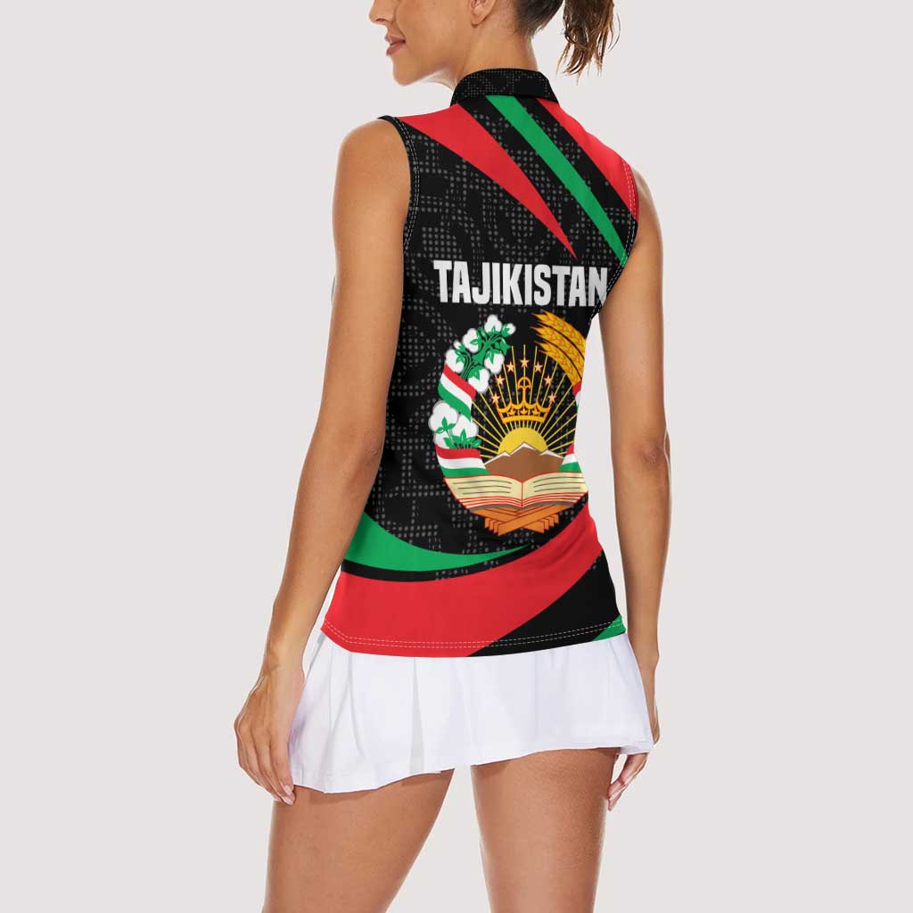 Tajikistan National Emblem Women Sleeveless Polo Shirt with Black Red Green Tribal Pattern