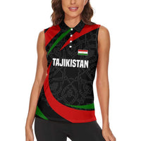 Tajikistan National Emblem Women Sleeveless Polo Shirt with Black Red Green Tribal Pattern