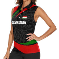 Tajikistan National Emblem Women Sleeveless Polo Shirt with Black Red Green Tribal Pattern