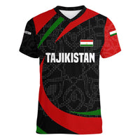 Tajikistan National Emblem Women V-Neck T-Shirt with Black Red Green Tribal Pattern