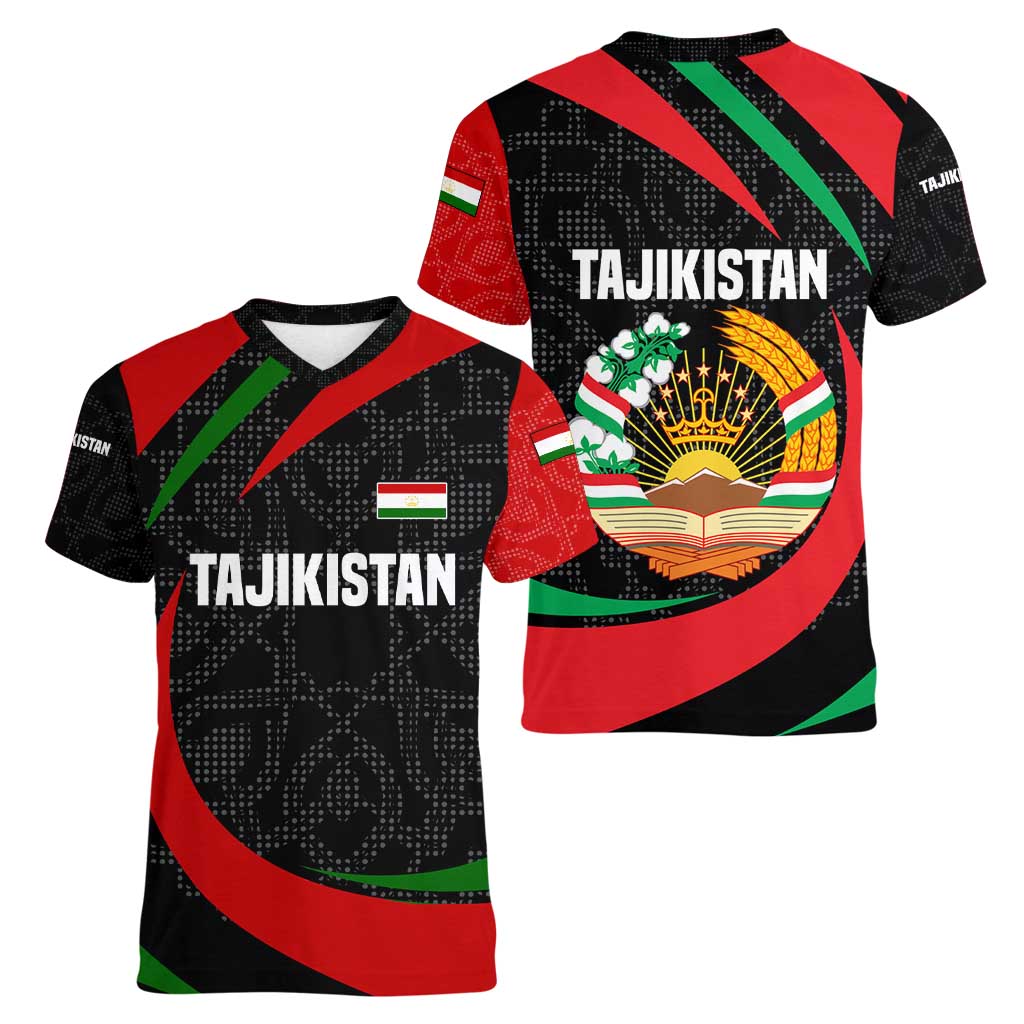 Tajikistan National Emblem Women V-Neck T-Shirt with Black Red Green Tribal Pattern
